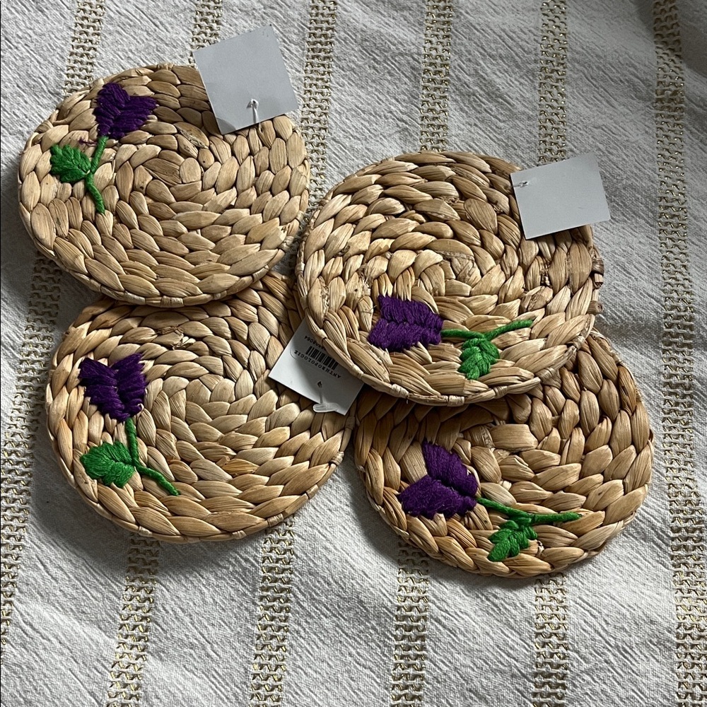 4 Anthropologie Woven Coasters with Purple Green Beige Floral Design